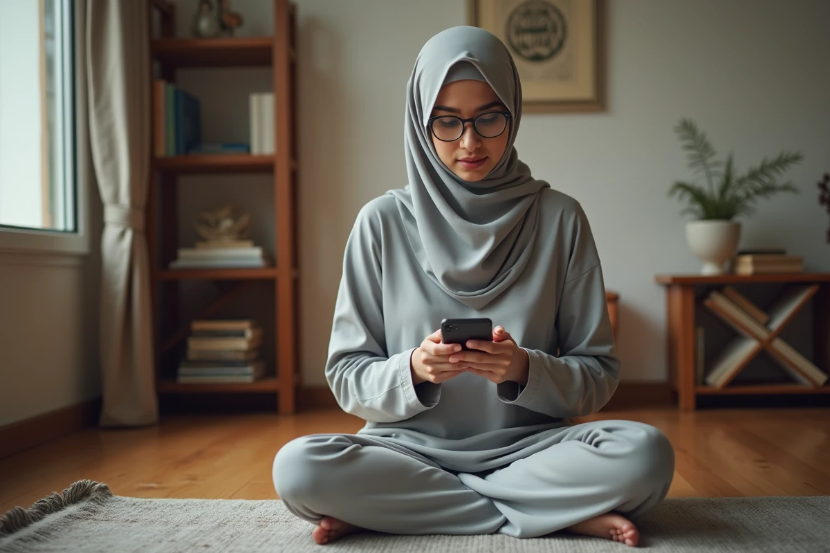 Jeune femme voilée consultant les horaires de prière sur son téléphone à Montpellier