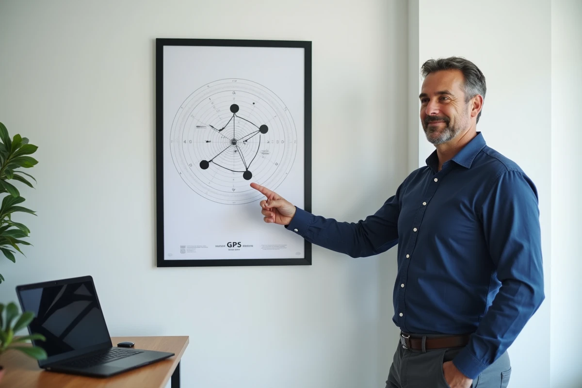 Ingénieur expliquant le fonctionnement des satellites GPS devant un schéma orbital