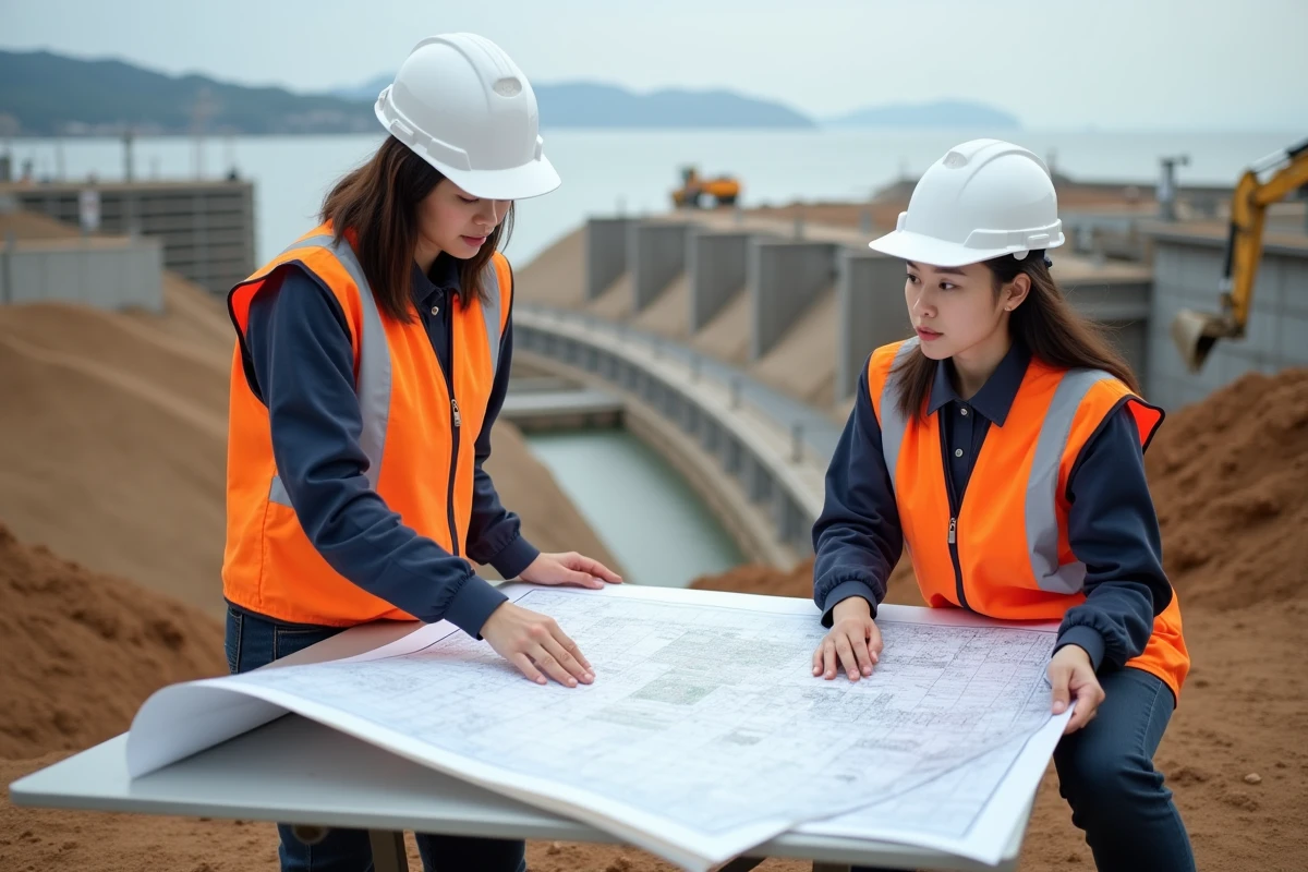 Deux ingénieures civiles japonaises étudiant des plans de construction sur un chantier côtier au Tohoku, symbolisant la planification urbaine post-catastrophe et la reconstruction des infrastructures