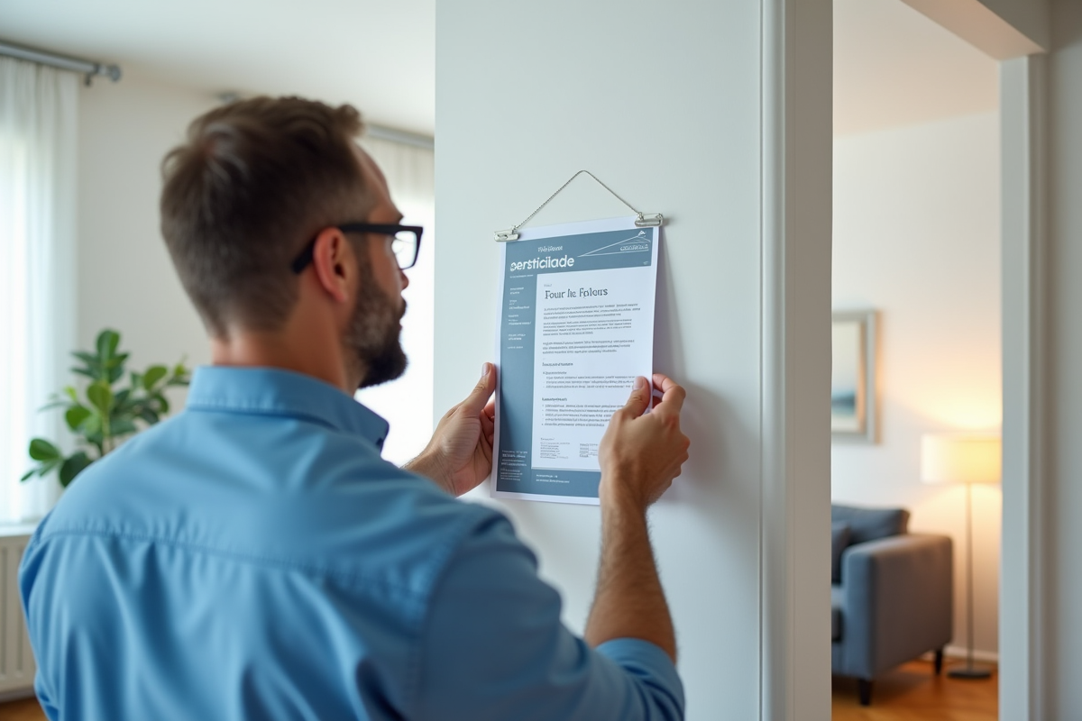 Homme inspectant un certificat DPE dans un salon propre