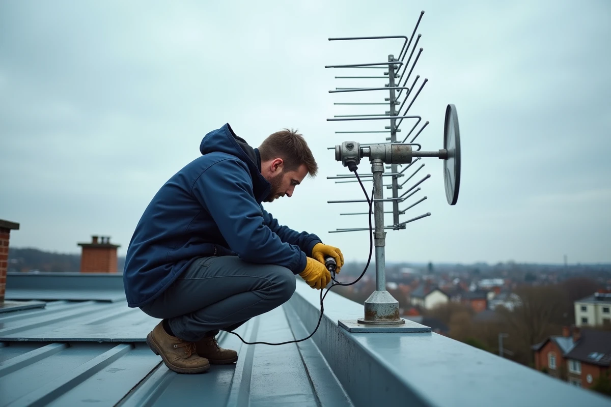 Technicien installant une antenne FM Yagi sur un toit pour optimiser la réception de Skyrock en milieu urbain