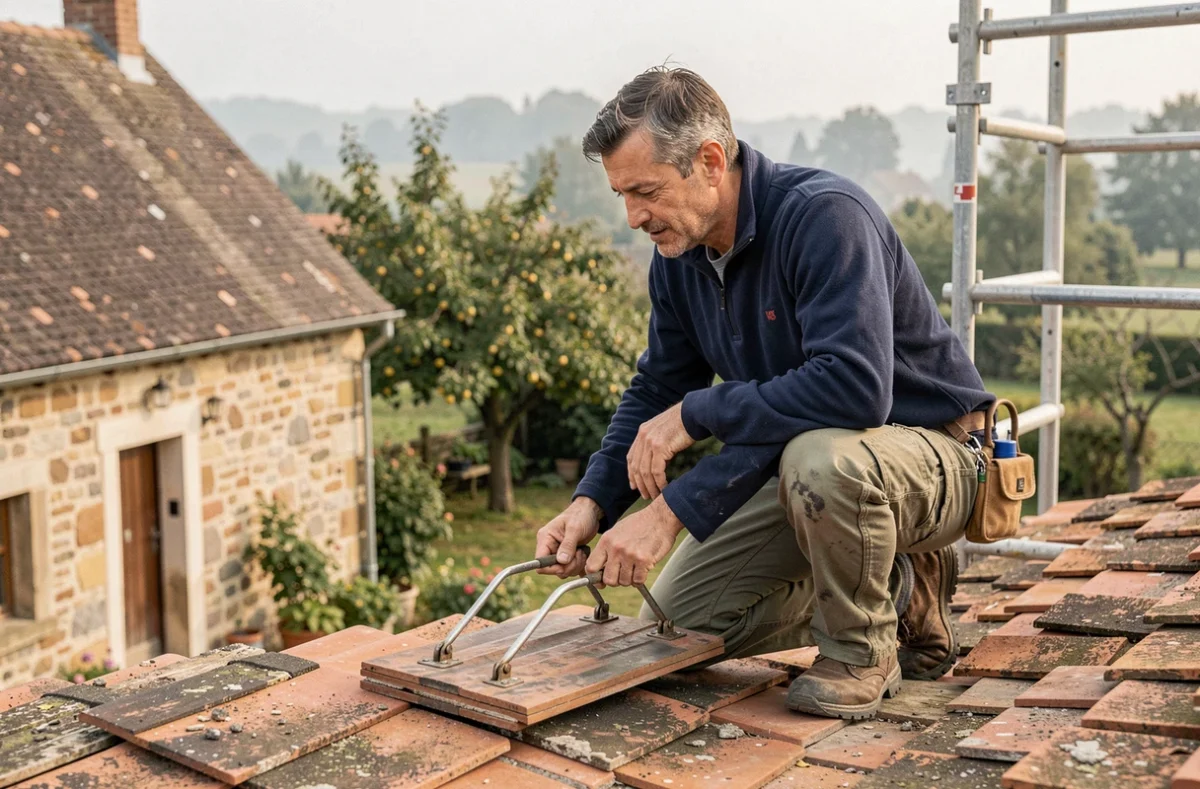Couvreur de SARL Jacquot Couverture remplaçant des tuiles plates sur une ferme en Haute-Saône