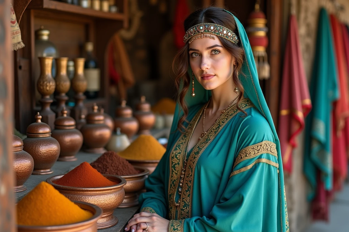 Femme en costume de princesse arabe ornée de bijoux dorés dans un souk animé aux épices colorées, évoquant le personnage de Jasmine et sa liberté