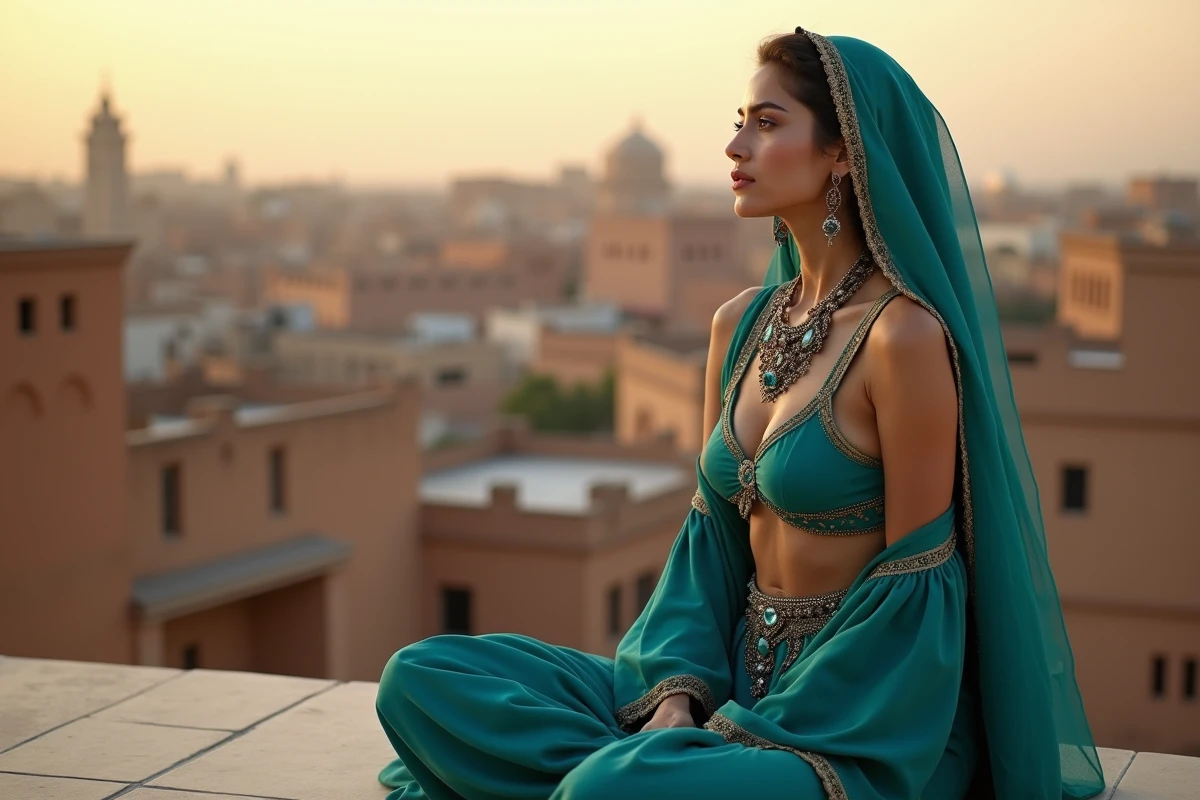 Femme en tenue de princesse arabe assise sur une terrasse avec vue sur une médina nord-africaine, incarnant l'esprit indépendant de Jasmine