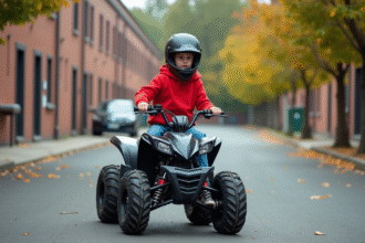 Adolescent en hoodie rouge sur quad dans quartier résidentiel