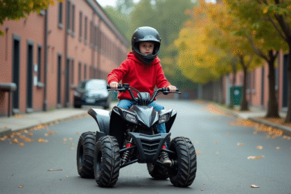 Adolescent en hoodie rouge sur quad dans quartier résidentiel