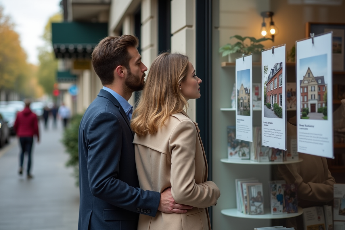 Jeune couple regardant des annonces immobilières en ville