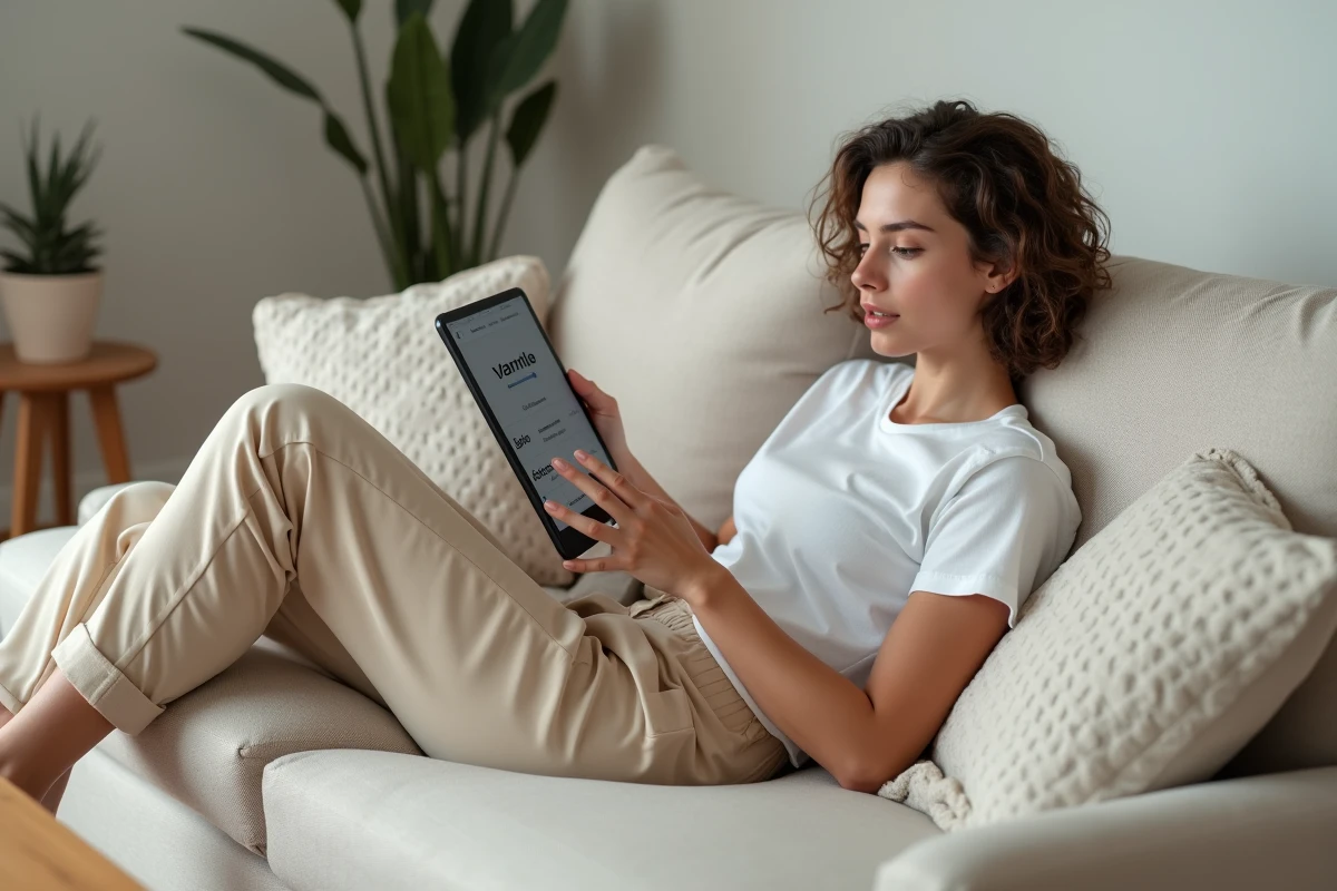 Jeune femme allongée sur un canapé utilisant une application de jeu de vocabulaire sur tablette pour apprendre de nouveaux mots