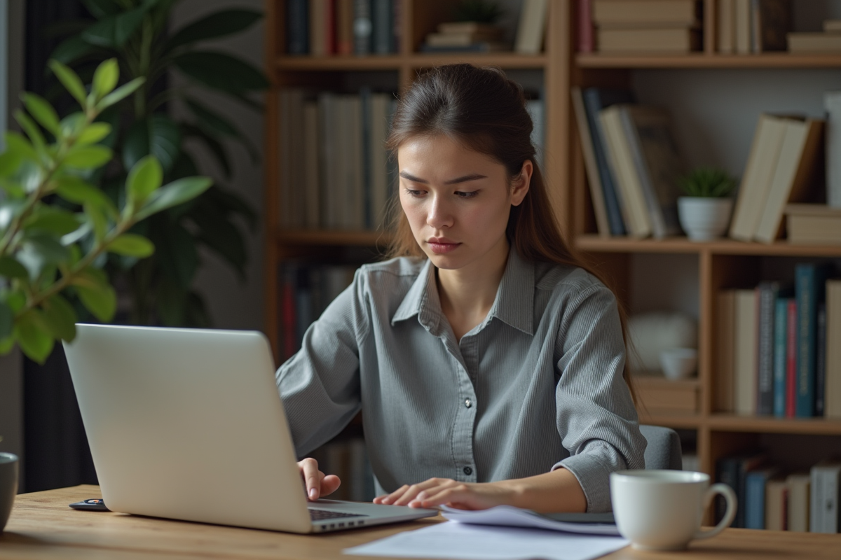 Jeune femme professionnelle au bureau avec ordinateur et livres