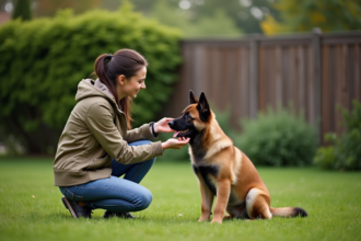 Jeune femme en veste kaki avec chien Malinois dans jardin
