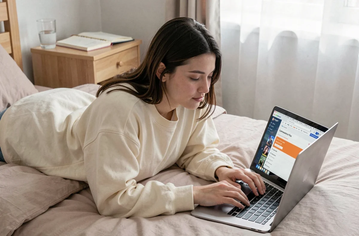 Jeune femme consulant un forum de codes de jeu anime last stand sur son laptop dans une chambre étudiante