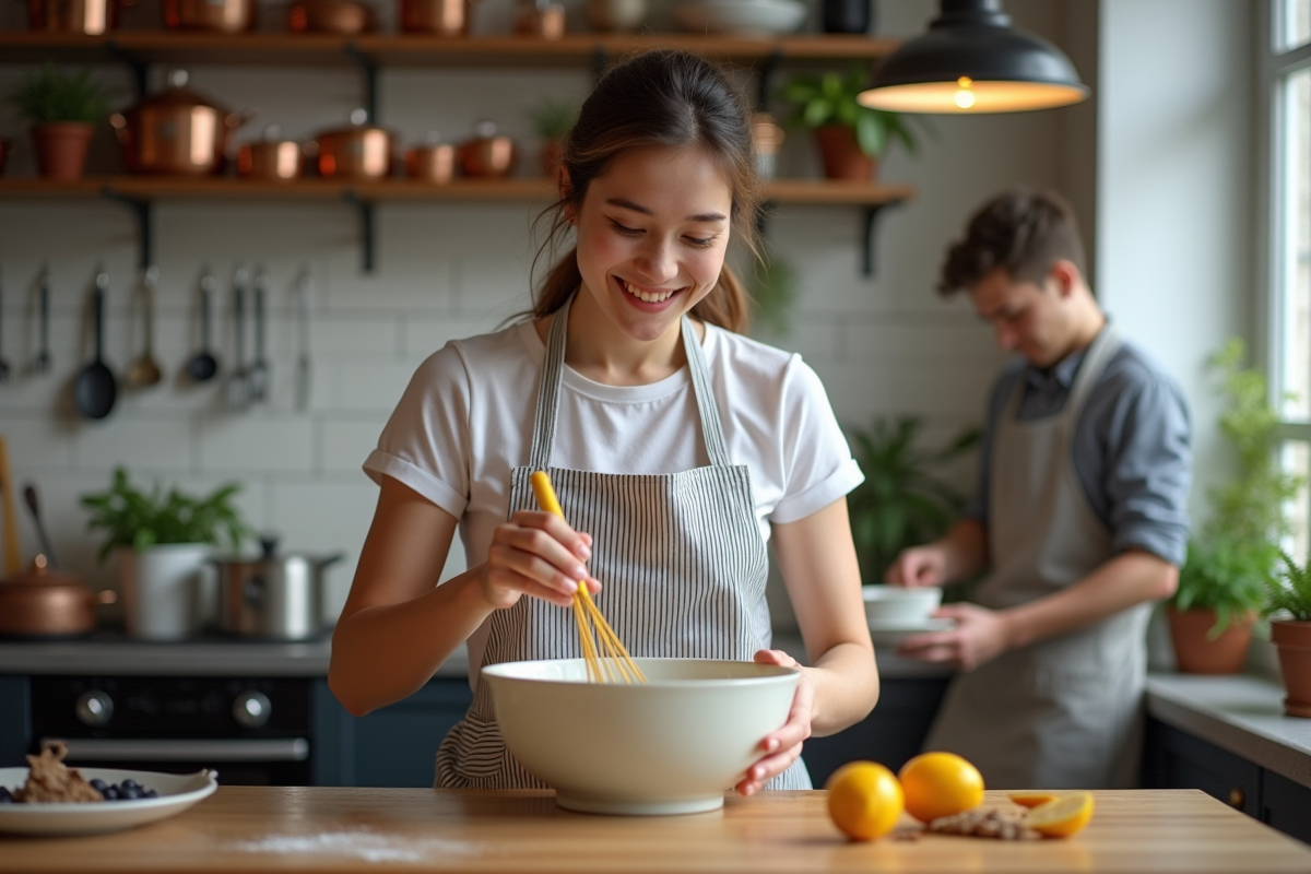 Jeune femme en tablier fouettant des œufs dans une cuisine parisienne