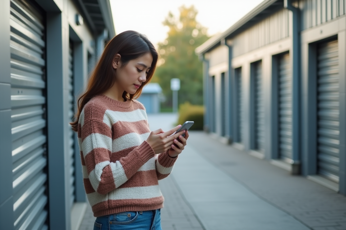 Jeune femme en jeans vérifiant prix de stockage extérieur