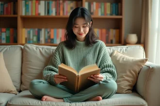 Jeune femme lisant un manhwa coréen confortablement installée sur un canapé dans un salon bibliothèque chaleureux
