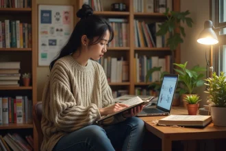 Jeune femme lisant manga sur son ordinateur dans une pièce cosy