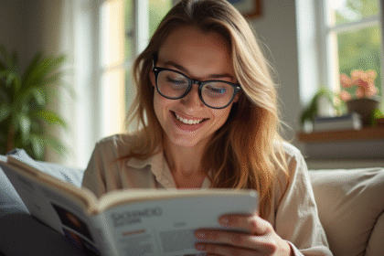 Jeune femme souriante portant des lunettes tendance dans un salon lumineux