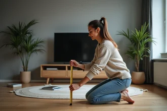 Jeune femme mesure la largeur d'un téléviseur moderne