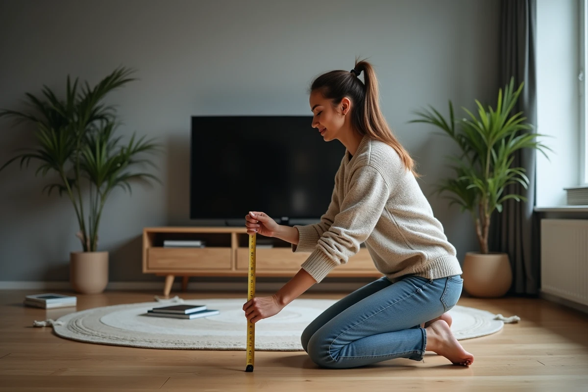 Jeune femme mesure la largeur d'un téléviseur moderne