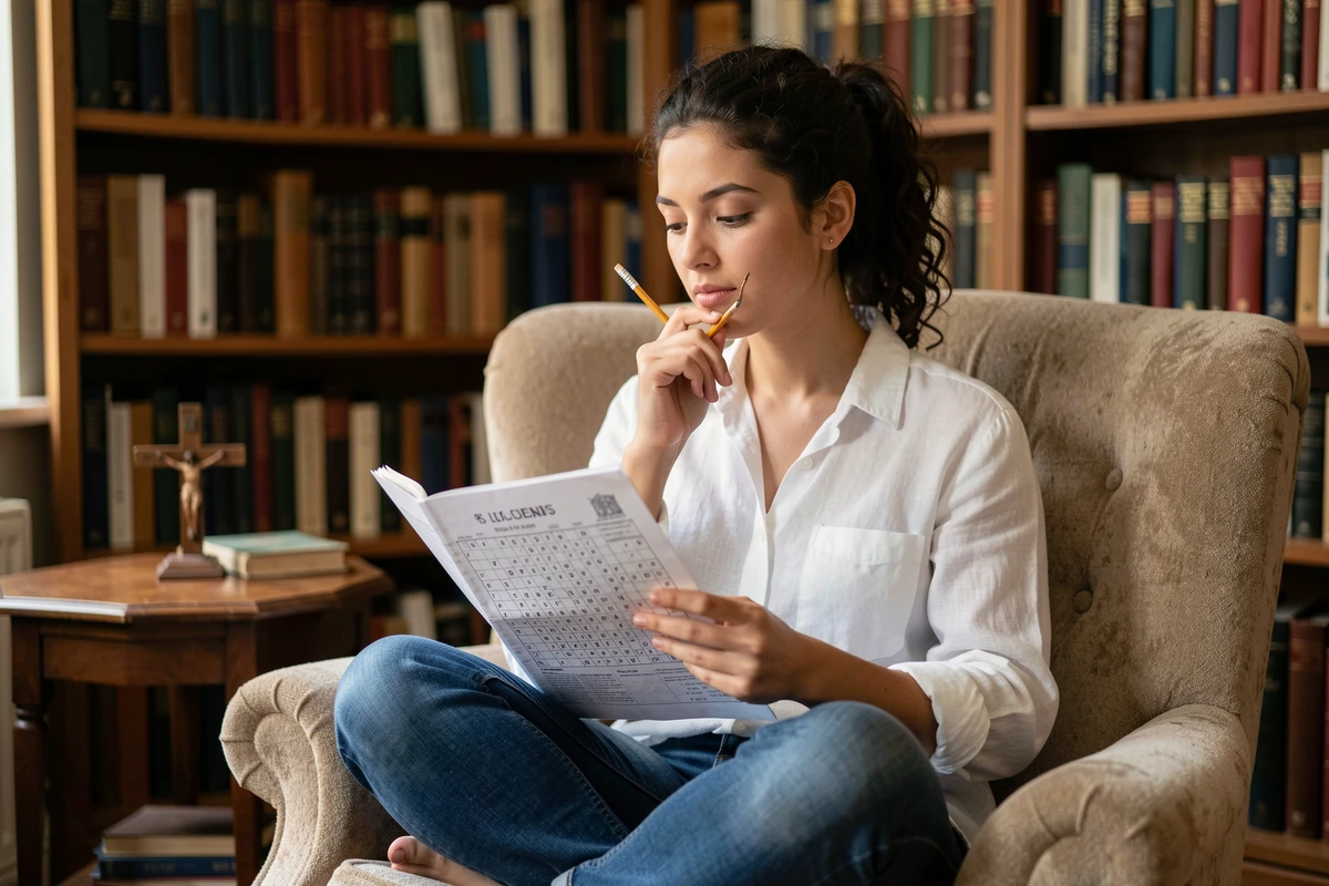 Jeune femme pensive cherchant des réponses de chants religieux dans un magazine de mots fléchés