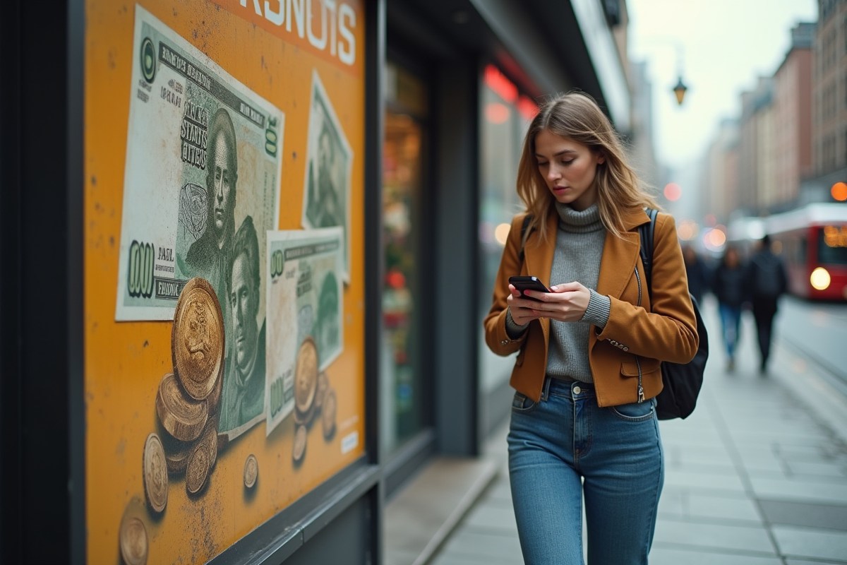 Jeune femme marche rapidement devant une affiche de monnaie