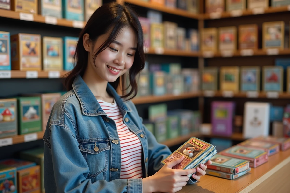 Jeune femme examine des cartes Pokémon dans une boutique