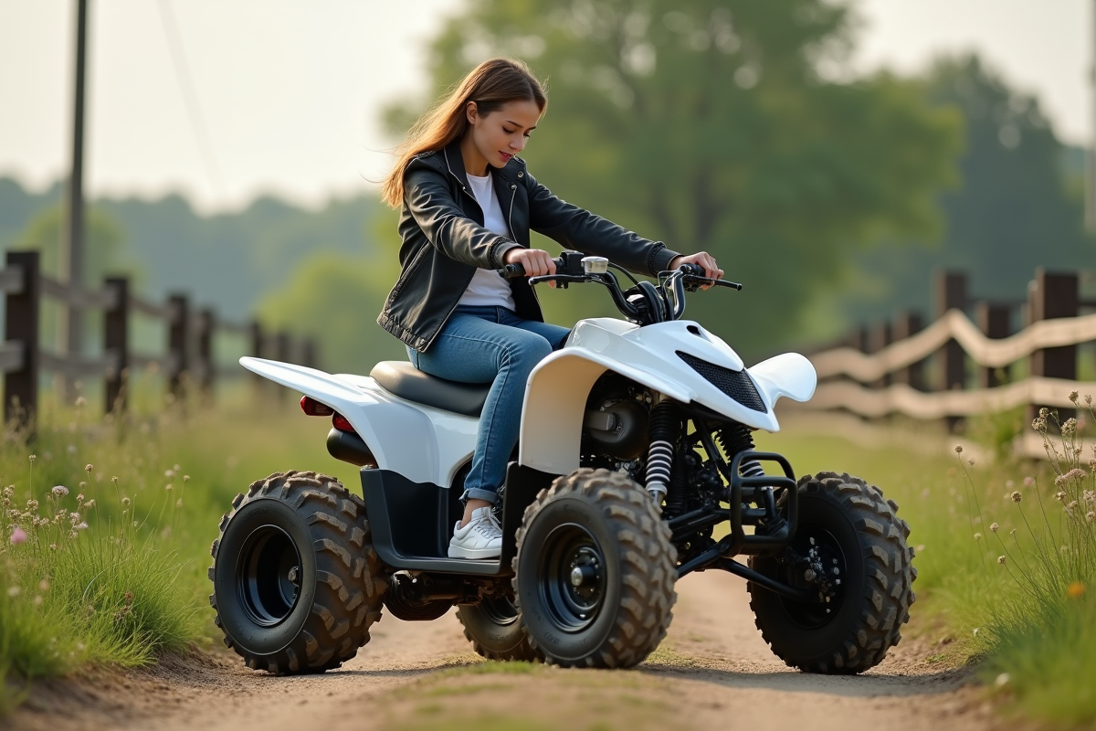 Jeune femme prépare un quad dans un paysage rural verdoyant
