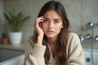 Jeune femme en intérieur dans une salle de bain moderne