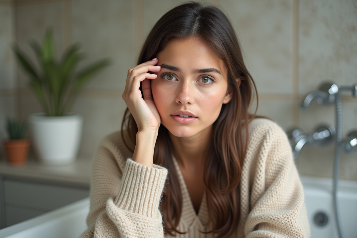Jeune femme en intérieur dans une salle de bain moderne