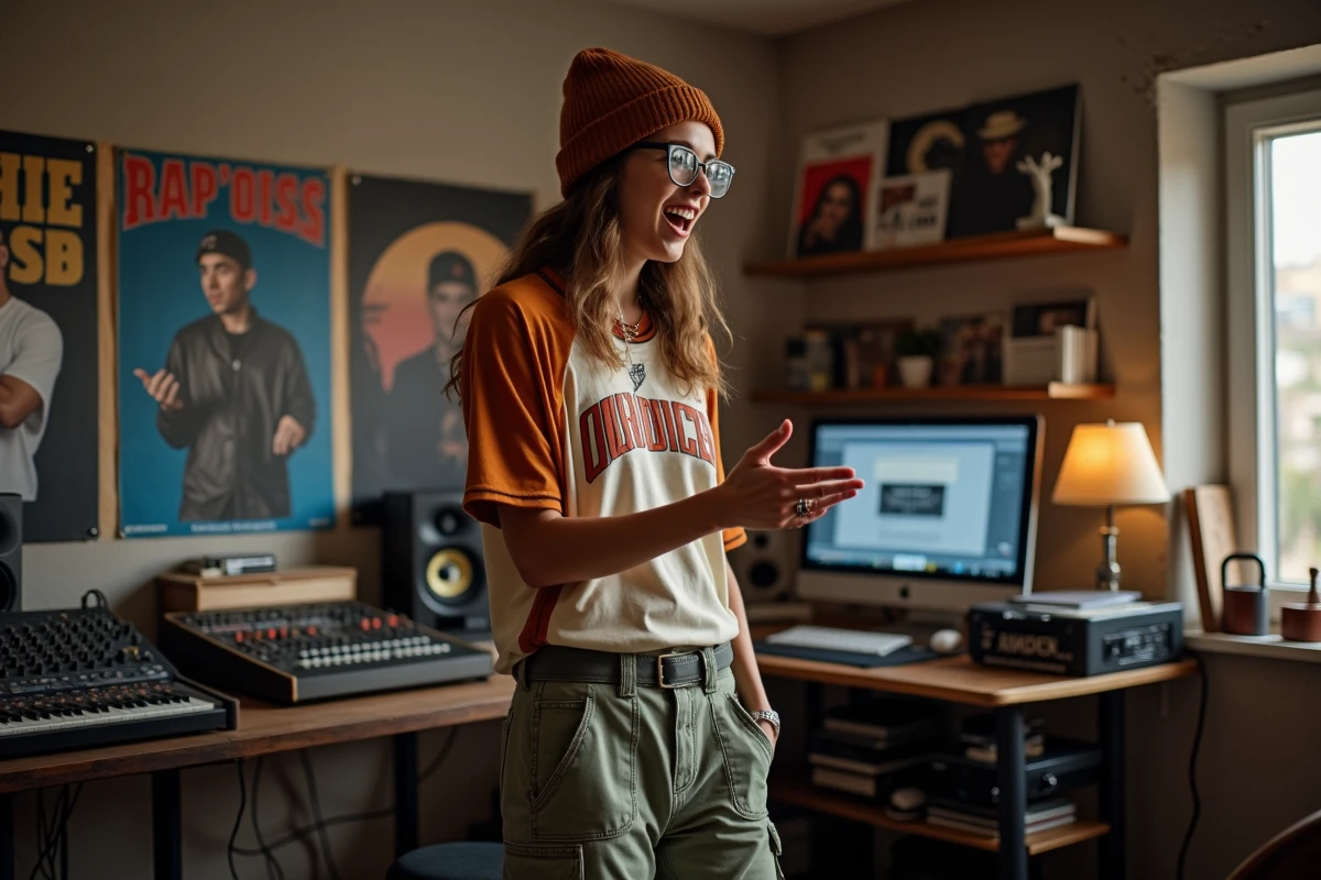 Jeune femme en studio de musique en train de rapper passionne