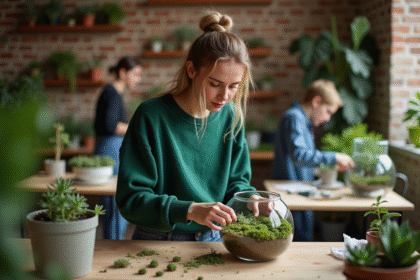 Jeune femme assemble un terrarium dans un atelier parisien