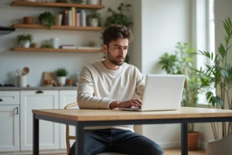 Jeune homme concentré sur son ordinateur dans une cuisine moderne