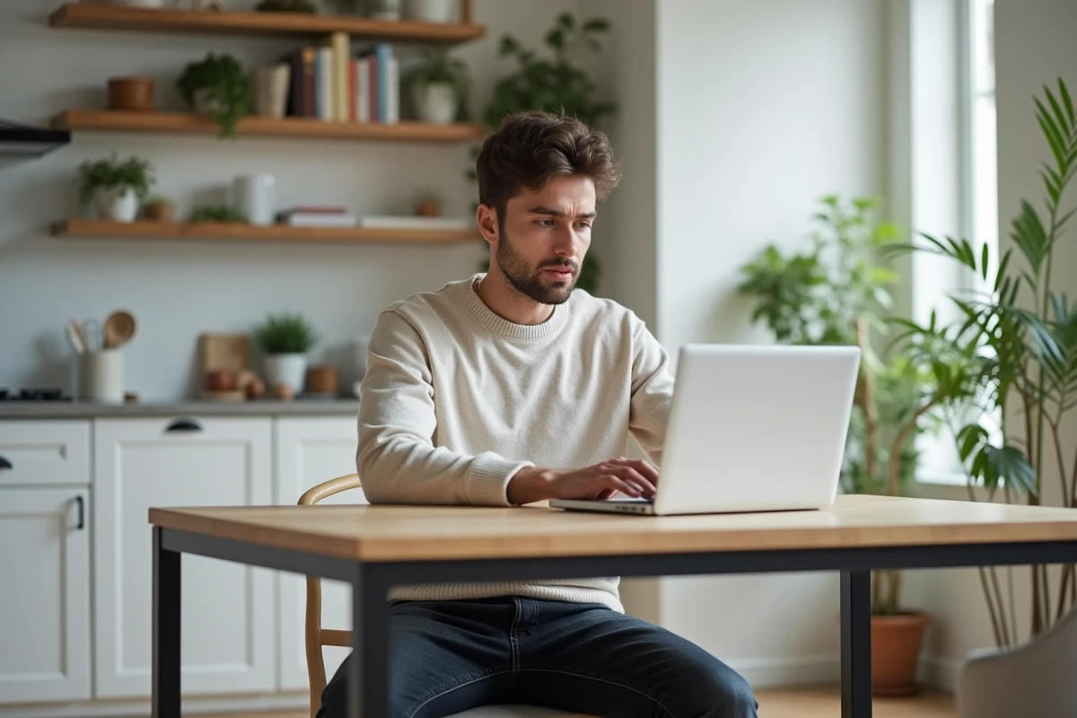 Jeune homme concentré sur son ordinateur dans une cuisine moderne