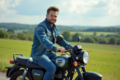 Jeune homme en denim sur moto 125cc en campagne