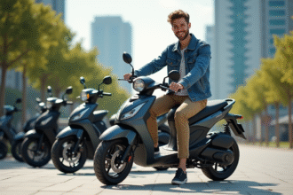 Jeune homme en denim sur motos 50cc en ville