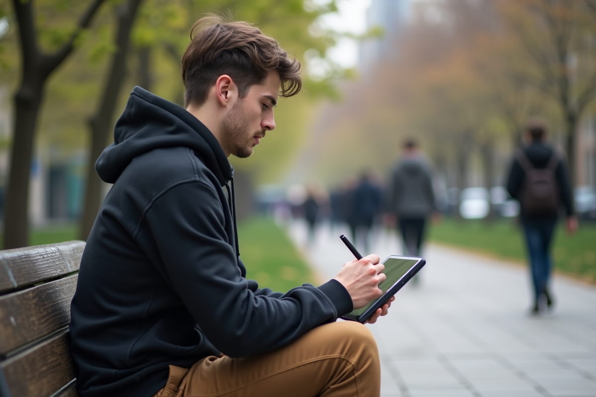 Jeune homme dessinant sur une tablette en parc urbain