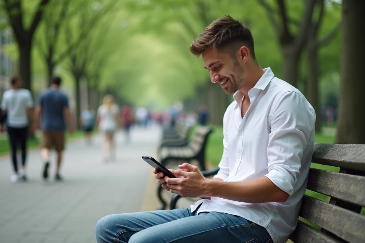 Jeune homme souriant avec smartphone dans parc urbain