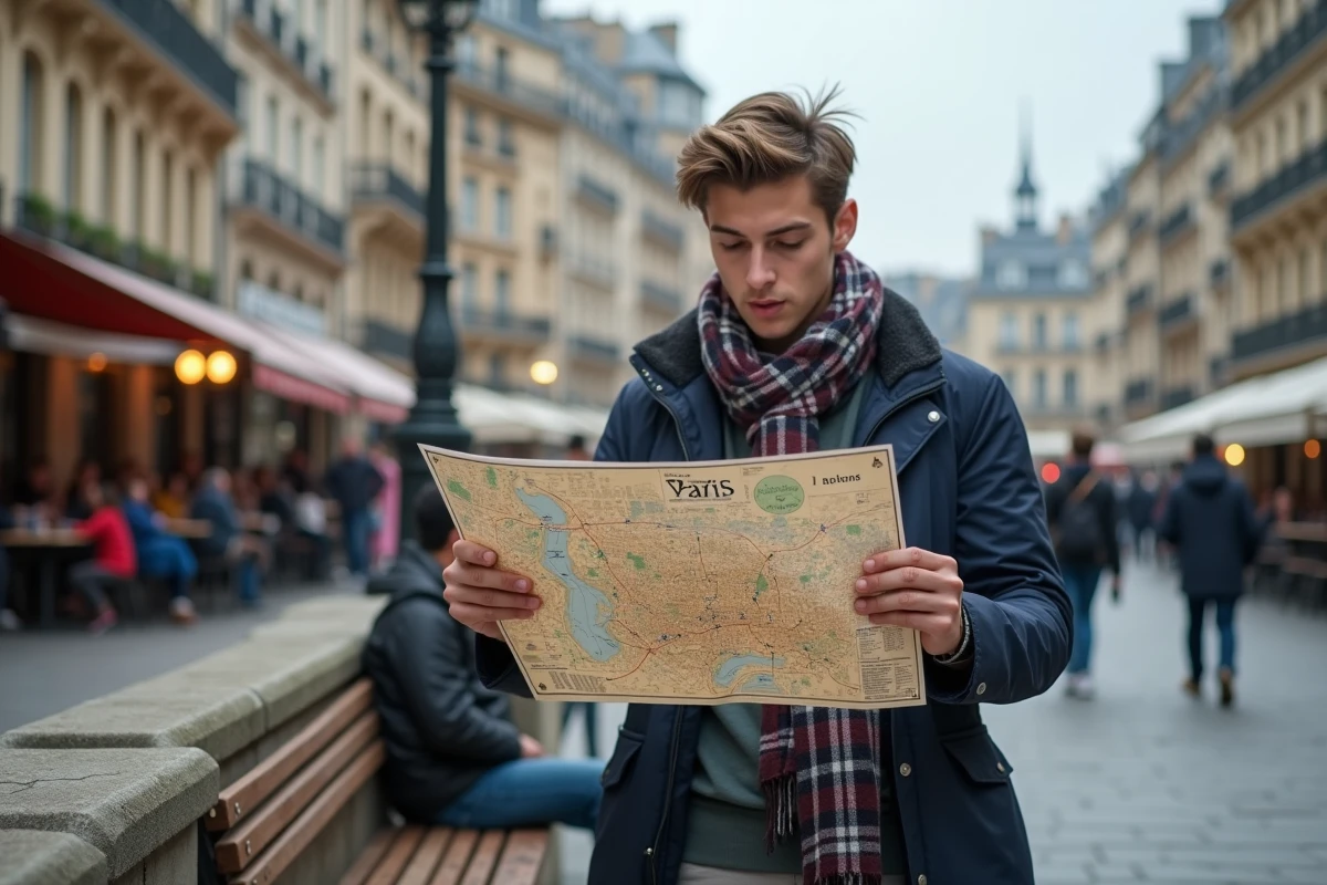 Jeune homme étudiant une carte de Paris dans une place parisienne