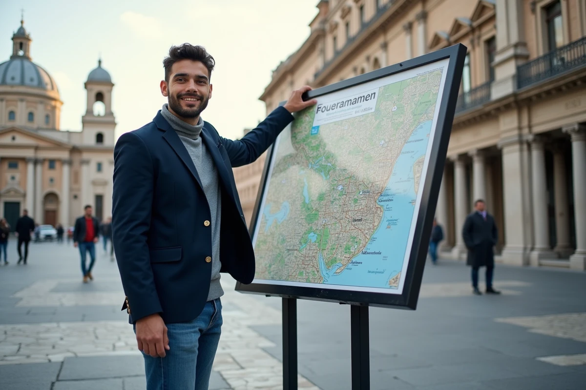 Jeune homme pointant une carte dans une place italienne