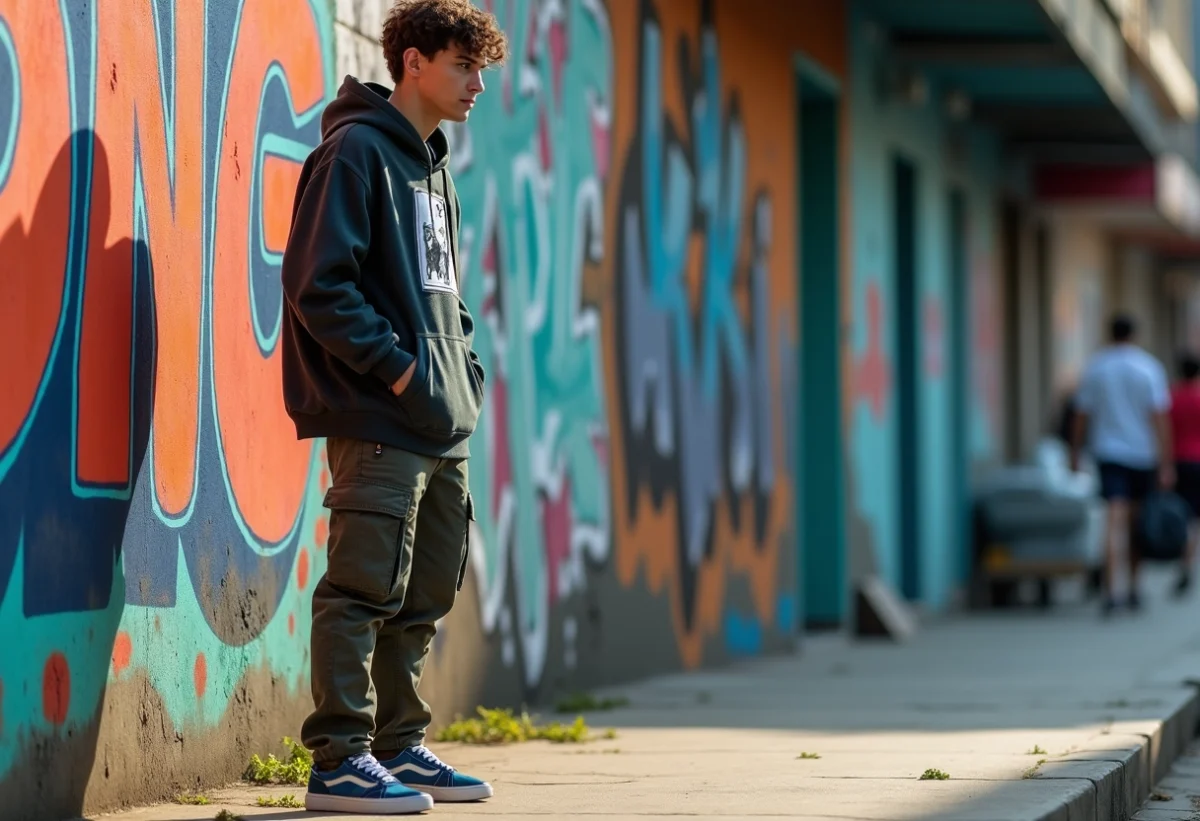 Jeune homme stylé dans la rue urbaine avec street art