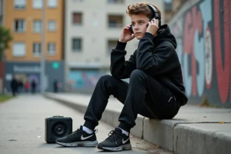 Jeune homme en streetwear dans un quartier urbain de Vald’Oise