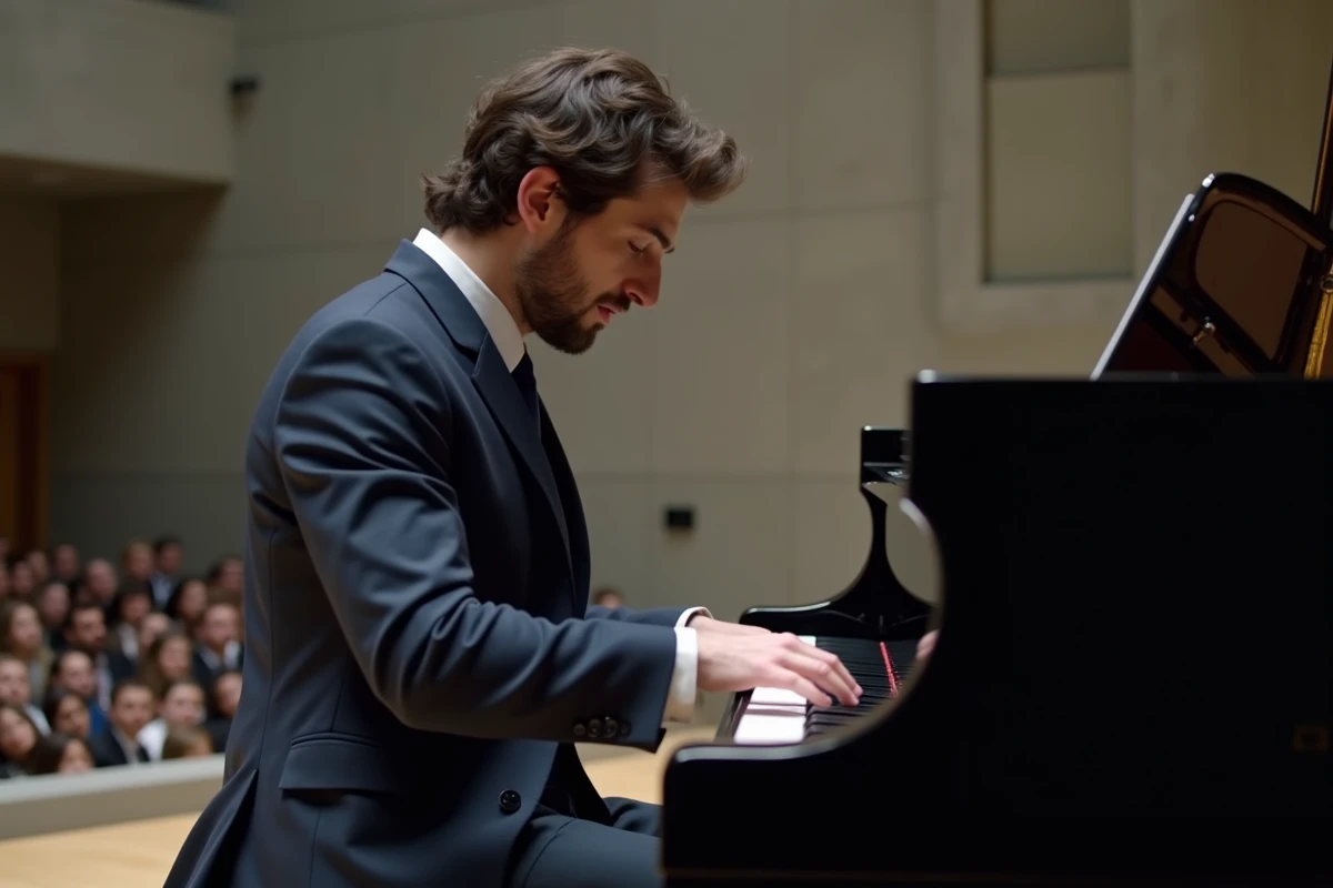 Jeune pianiste français contemporain en costume bleu marine jouant sur un piano à queue dans une salle moderne au design minimaliste