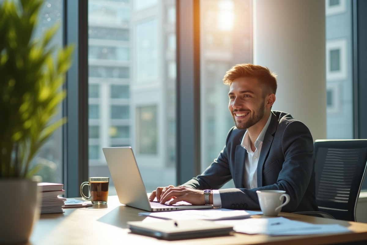 Jeune professionnel confiant utilisant un ordinateur pour gérer ses finances