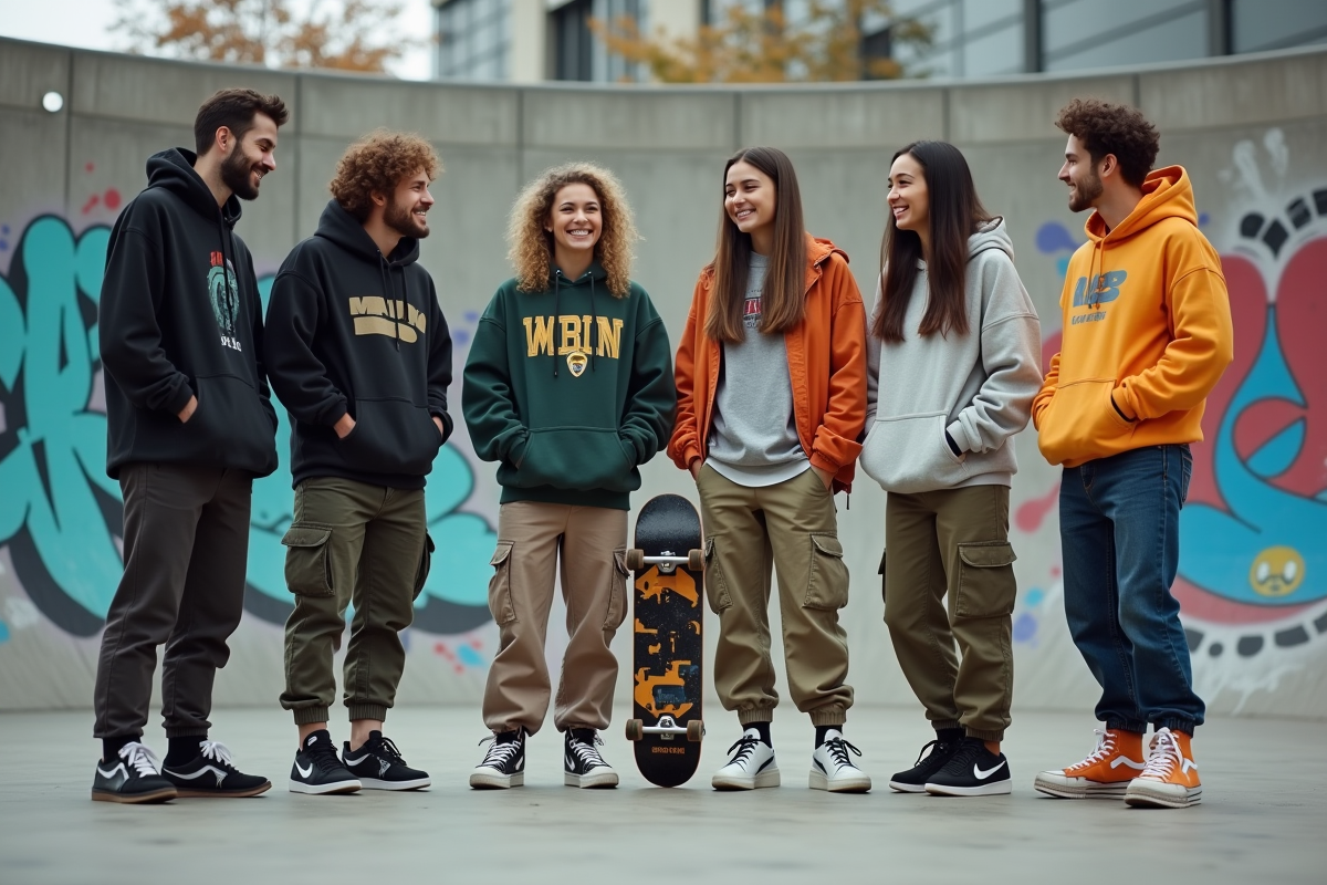 Groupe de jeunes en streetwear dans un skatepark urbain