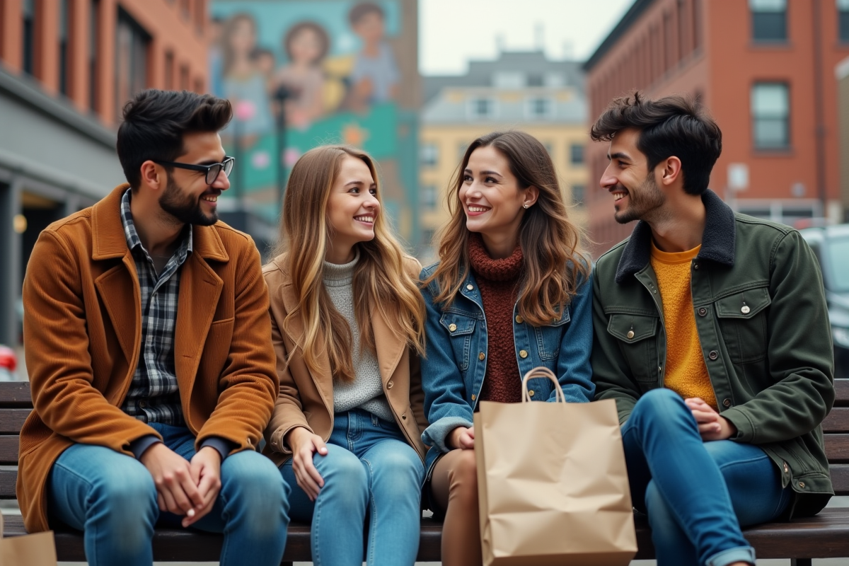 Groupe de jeunes en vêtements de seconde main discutant en ville