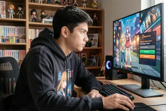Joueur de jeu anime assis à son bureau gaming, entrant un code de récompense sur son écran avec des figurines en arrière-plan