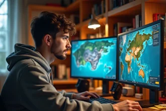 Joueur de Dofus prenant des notes manuscrites sur les positions de portails devant son PC gaming