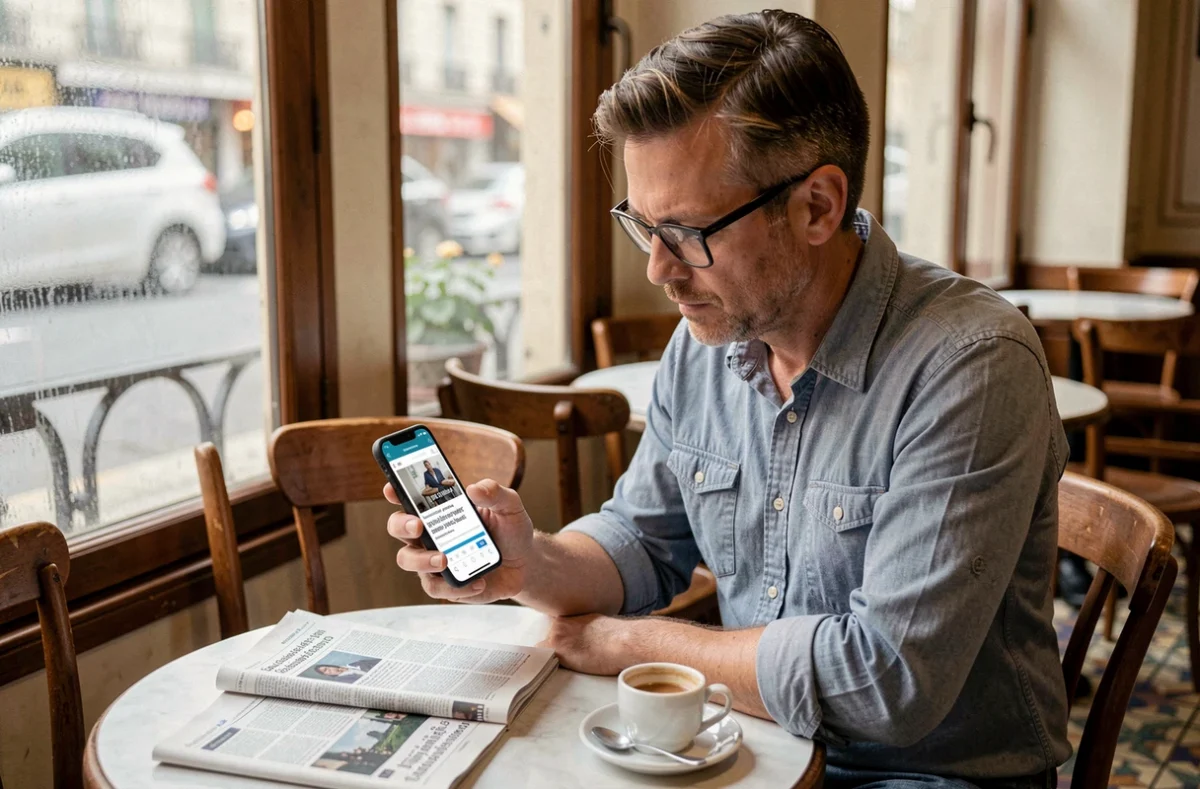 Journaliste lisant un article sur son smartphone dans un café parisien sur le rachat et la fermeture d'un site médiatique français