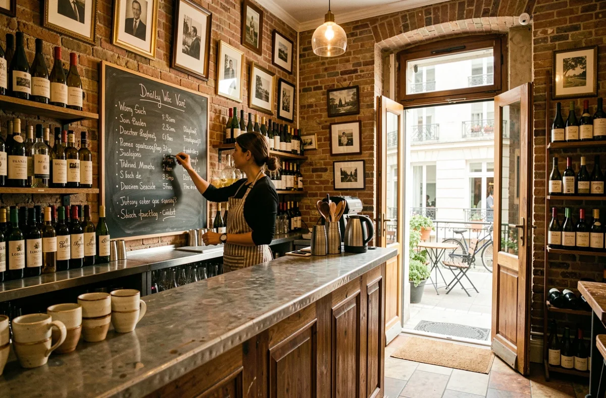 Serveuse écrivant la sélection de vins sur une ardoise à La Cordonnerie, bar à vins du 20e arrondissement