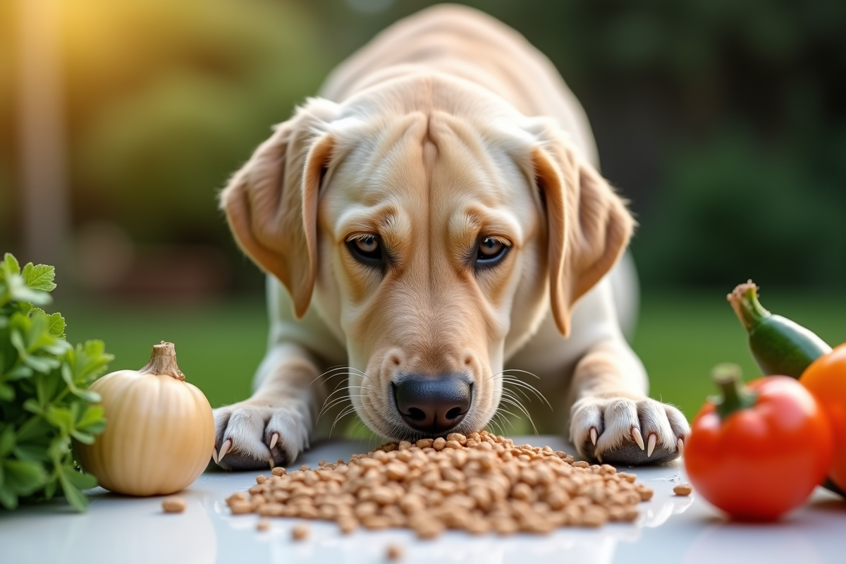 Labrador outdoors avec légumes et croquettes