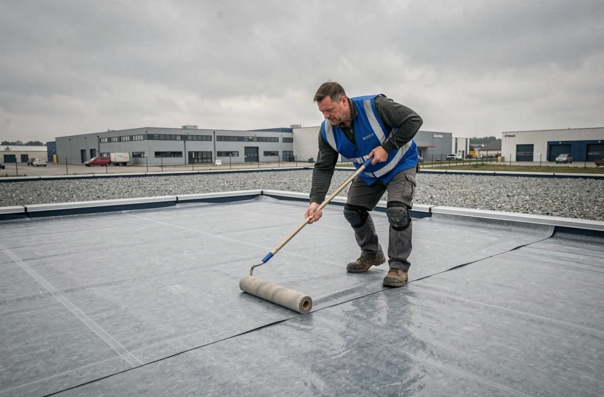 Ouvrier de SARL Lamy Construction appliquant une membrane d'étanchéité sur un toit plat en Haute-Saône